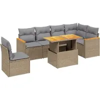 vidaXL Matgrupp för trädgården med dynor 7 delar beige konstrotting