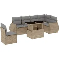 vidaXL Matgrupp för trädgården med dynor 7 delar beige konstrotting
