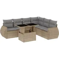vidaXL Matgrupp för trädgården med dynor 7 delar beige konstrotting