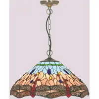 Searchlight Tiffany pendellampa Dragonfly, dimbar, Multifärgad, Vardagsrum / matsal, Glas, Tiffany, Pendellampa