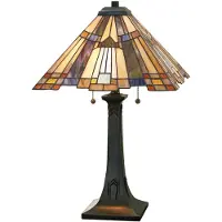 QUOIZEL Tiffany bordslampa Inglenook, Brun / mässing, Vardagsrum / matsal, Metall, Tiffany, Bordslampa