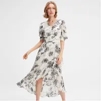 Smart & Joy Linear Flower Print Klänning med urringad fåll