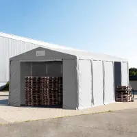 TOOLPORT Lagertält 8x10 m - 3,6 m sidohöjd med dragkedjor, PVC 850 grå, inkl. hållfasthet (underlag: betong)