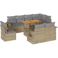 vidaXL Soffgrupp för trädgården med dynor 9 delar beige konstrotting