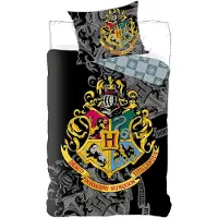 BrandMac Harry Potter sängkläder - 100% bomull - Barnbäddset 140x200 cm - Guldfärgat Hogwarts vapensköld
