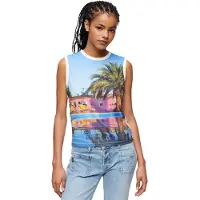 Superdry för kvinnor. W6011959A Linne med vitt sub-tryck (XS), Casual, Bomull, Ärmlös / Hängselbyxor