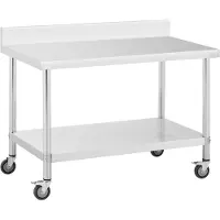 Royal Catering Bord i rostfritt stål med hjul - 70 x 120 cm - bakstycke - 158 kg lastkapacitet -