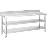 Royal Catering Rostfri arbetsbänk med skyddskant - 200 x 60 x 16.5 cm - 500 kg - 2 hyllor -