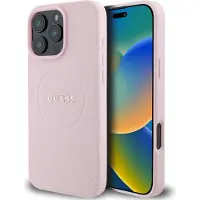 GUESS Grained Ring MagSafe iPhone 16 Pro-fodral - rosa