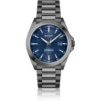 BOSS Grey-plated watch with blue ridged dial