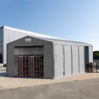 TOOLPORT Lagertält 8x12 m - 3,6 m sidohöjd med dragkedjor och takfönster, PVC 850 grå, inkl. hållfasthet (underlag: jord)