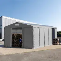 TOOLPORT Lagertält 8x12 m - 3,6 m sidohöjd med skjutport och takfönster, PVC 850 grå, utan hållfasthet (Säkerhetspaket)