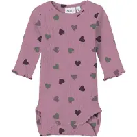 Name it Body l/ä - Rib - NbfNitte - Mauve Orchid m. Hjärter - - 50 - Body L/Ä