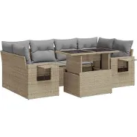 vidaXL Matgrupp för trädgården med dynor 7 delar beige konstrotting