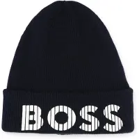 BOSS Kids' knitted-cotton beanie hat with rubber-effect logo