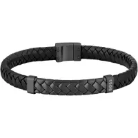 HUGO BOSS Black braided-leather cuff with herringbone hardware