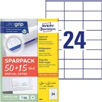 Avery-Zweckform Universaletiketter 70x36 mm, hvid med Ultragrip + 30% ekstra indhold - (65 ark x 24 stk.)