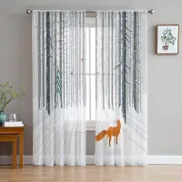 Household supplies MH Djur Fågel Räv Skog Vinter Björkträd Genomskinliga Gardiner för Vardagsrumsinredning Fönstergardiner Kök Tyll Voile Gardiner W135 x H115cm x1