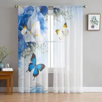 Household supplies MH Blå fjärilsblomma skira gardiner för vardagsrumsdekoration fönstergardiner för kök tyll voile organza gardiner W135 x H115cm x1