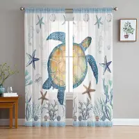 Household supplies MH Havssköldpadda Blå Sjöstjärna Skal Skira Gardiner för Vardagsrumsdekoration Fönstergardiner Kök Tyll Voile Organza Gardiner W135 x H160cm x1