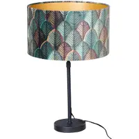 QAZQA Bordslampa svart med sammetslampskärm, bladmönster och guldinsida - Parte