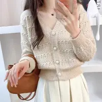 Pateekate Cardigan tröja 2023 vår och höst V-ringad solid stickad kofta kappa dam koreansk lös och smal mjuk vaxartad cardigan topp One Size aprikos
