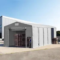 TOOLPORT Lagertält 8x16 m - 4,0 m sidohöjd med hissport, PVC 850 grå, inkl. hållfasthet (underlag: betong)