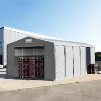 TOOLPORT Lagertält 8x24 m - 4,0 m sidohöjd med dragkedjor och takfönster, PVC 850 grå, inkl. hållfasthet (underlag: jord)