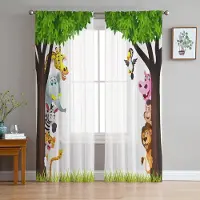 Household supplies MH Djungelskog Tecknad Djur Lejon Elefant Skira Gardiner Vardagsrumsdekoration Fönstergardiner Kök Tyll Voile Gardiner W135 x H115cm x1