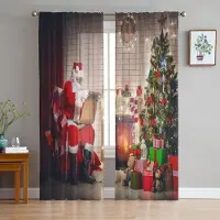 Yiran Furniture Snöflinga Jul Snögubbe Redwood Lastbil Voilgardiner Sovrum Tygfönstergardin Vardagsrum Skira Gardiner Persienner Draperier W135 x H115cm x1&Grommet Top