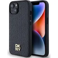 DKNY MagSafe-fodral med lädermönster och metallogo för iPhone 15/14/13 - Svart