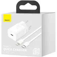 Baseus - Strömadapter - 20 Watt - 3 A - PD 3.0 (USB-C) - på kabel: Lightning - vit