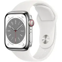 Apple Watch Series 8 (GPS + Cellular) - 41 mm - rostfritt stål i silver - smart klocka med sportband - fluoroelastomer - vit - bandstorlek: standar...