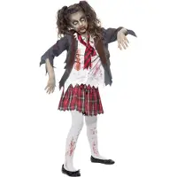 Vegaoo Maskeradkläder - Zombie School Girl - Grå/Vit/Röd - - 7-9 år (122-134) - Maskeradkläder