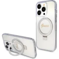 GUESS Ring Stand Script Glitter MagSafe-fodral för iPhone 15 Pro - transparent