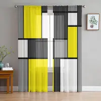 Yiran Furniture Geometriska Lila Grå Svart Abstrakta Skira Gardiner för Vardagsrumsdekoration Fönstergardin Kök Tyll Voile Organza Draperier W135 x H115cm x1&Grommet Top yellow