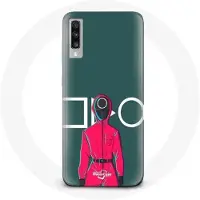 MANIACASE Coque pour Samsung Galaxy A50 Squid Game Soldat Rouge avec Masque Cercle Fond Vert