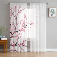 Yiran Furniture Rosa Blomma Körsbärsblommor Vita Skira Gardiner för Vardagsrumsdekoration Fönstergardin Kök Tüll Voile Organza Draperier W135 x H115cm x1&Grommet Top white