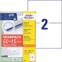 Avery Universaletiketter 210x148 mm, hvid med Ultragrip + 30% ekstra indhold - (65 ark x 2 stk.)