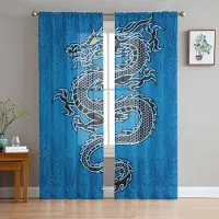 Household supplies MH Svart drake i kinesisk stil Blå skira gardiner för vardagsrumsdekoration Fönstergardiner Kök Tyll Voile Organza-gardiner W135 x H115cm x1 blue