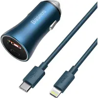 Baseus Golden Contactor Pro billaddare, USB + USB-C, QC4.0+, PD, SCP, 40W (blå) + USB-C till Lightning-kabel 1m (blå)