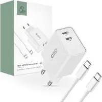 Tech-Protect C35W USB-C väggladdare med dubbla portar och USB-C-kabel - vit