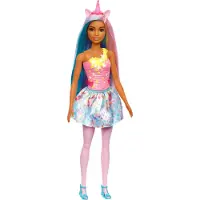 Barbie Dreamtopia Unicorn modedocka med bltt och lila hr Wesring avtagbar kjol och tillbehr inklusive rosa Unicorn pannband och svans