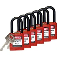Brady 813594, Konventionellt hänglås, Tangentlås, Olika låsning, Röd, Nylon, U-format