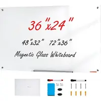 Vevor Magnetic Glass Whiteboard, Dry Erase Board 900 x 600 mm, Väggmonterad stor vit glastavla Ramlös, med markeringsbricka, ett suddgummi och 2 markörer, vit