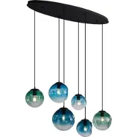 QAZQA Art Deco Pendellampa Svart med Oval Takplatta och Grönt och Blått Glas 6-ljus - Douglass