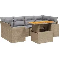 vidaXL Matgrupp för trädgården med dynor 7 delar beige konstrotting
