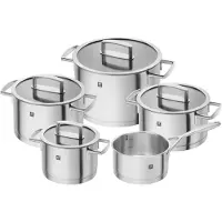 Zwilling Vitality Grytset/box 5-delar & 4 glaslock. Innehåller: kastrull 1,5 L 16 cm - gryta 2 L 16 cm med lock - gryta hög 3 L 20 cm med lock - gryta 3,5 L 20 cm med lock - gryta 6 L 24 cm med lock
