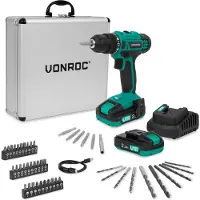 Vonroc Batteridriven Borrmaskin 20V | Inkl. 2x 2.0Ah Batteri, Laddare och 46 tillbehör i premiumväska
