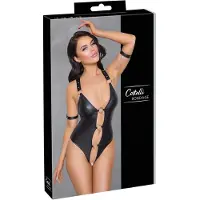 Cottelli Bondage - öppen body med ringar - blank svart - XL